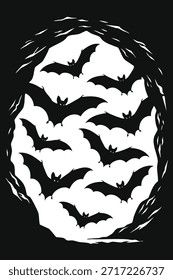 Vinheta oval cheia de silhuetas de morcego voador em um fundo escuro para um humor noturno.
