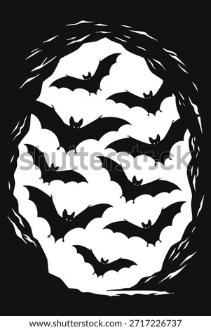 Oval vignette filled with flying bat silhouettes on a dark background for a nocturnal mood.