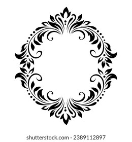 Cadre vintage ovale, bordure de feuilles stylisées, fleurs et boucles. Rétro, style victorien. Lignes noires sur fond blanc. Arrière-plan vectoriel, fond d'écran, carte