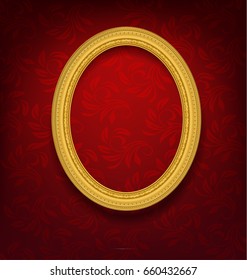 Oval Vintage Gold Picture Frame On Red Wall