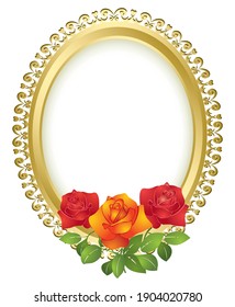oval vintage golden frame with red roses - vector 
