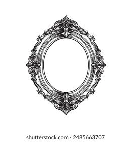 Oval vintage picture frame. Hand drawn victorian retro sketch style. Vector illustration isolated on white.