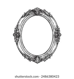 Oval vintage picture frame. Hand drawn Victorian retro sketch style. Vector illustration isolated on white.