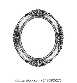 Oval vintage picture frame. Hand drawn victorian retro sketch style. Vector illustration isolated on white.