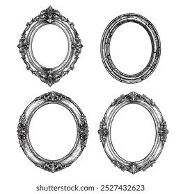 Oval vintage picture frames set. Hand drawn Victorian retro sketch style. Vector illustrations isolated on white.