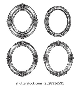 Oval vintage picture frames set. Hand drawn Victorian retro sketch style. Vector illustrations isolated on white.