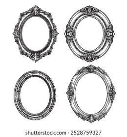 Conjunto de marcos de imagen vintage ovalado. Dibujado a mano estilo boceto retro victoriano. Ilustraciones vectoriales aisladas en blanco.