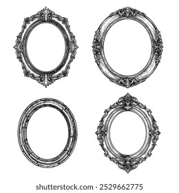 Oval vintage picture frames set. Hand drawn Victorian retro sketch style. Vector illustrations isolated on white.
