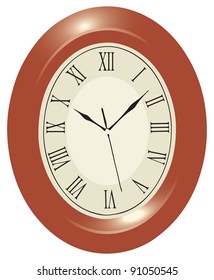 Oval wall clock in a wooden case with Roman numerals. Vector illyustrptsiya.