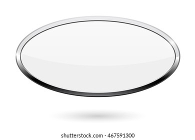 Oval white button. Web icon with chrome frame. Vector illustration isolated on white background