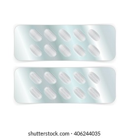 Oval white pills in a blister pack. Vector illustration