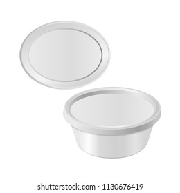 Oval white plastic box for your design and logo. Mock up for cheese, cream cheese, butter, etc. Side view, top view, vector template for your design