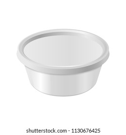 Oval White Plastic Box For Your Design And Logo. Mock Up For Cheese, Cream Cheese, Butter, Etc. Side View. Vector Template For Your Design