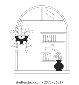 Oval window with decorative plants bw concept vector spot illustration. Cozy room view 2D cartoon flat line monochromatic object for web UI design. Editable isolated outline hero image