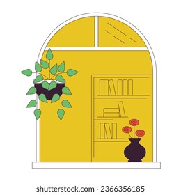 Ventana ovalada con plantas decorativas de línea plana concepto vectorial de ilustración spot. Acogedora habitación vista el objeto de contorno de dibujos animados 2D sobre blanco para el diseño de interfaz de usuario web. Imagen de héroe de color aislado editable
