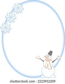Oval winter New Year and Christmas frame with happy snowman and three snowflakes