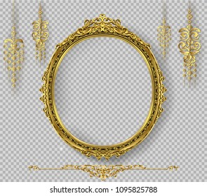 Oval Wooden Frame Of Gold Photo Frame With Corner Line Floral For Picture, Vector Border Design Decoration Pattern Style. Thai Art Golden Metal Beautiful.