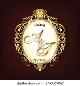 Oval Wooden frame of Gold photo frame with corner line floral for picture, Vector border design decoration pattern style. Thai art golden metal beautiful.