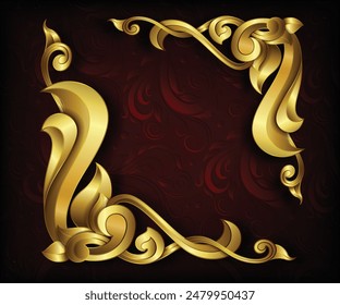Oval Wooden frame of Gold photo frame with corner line floral for picture, Vector border design decoration pattern style.