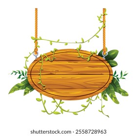 Oval wooden hanging board with ropes and lush leaves and vines. Vector cartoon illustration