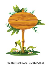Oval wooden signboard on bamboo stand surrounded by tropical flowers and leaves. Vector cartoon illustration