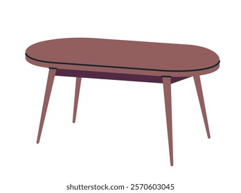 Oval wooden table illustration with slender legs, minimalist style, on a plain white background. Concept of modern furniture and interior design. Vector illustration