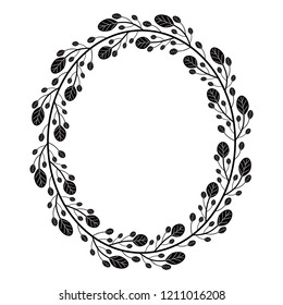Oval wreath with black and white doodle branches with oval leaves.Decoration for greeting card,wedding invitation,save the date.Leaf frame for design with place for your text
