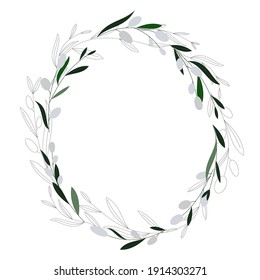 Oval wreath of willow. Foliage border. Hand drawn spring wreath on white background. Floral frame.  Vector Easter illustration in minimal style.