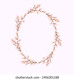 Oval wreath of willow. Willow wreath.Easter wreath made of willow stalks.Vector flat illustration isolated on a white background. Design for invitations, postcards, printing