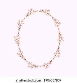 Oval wreath of willow. Willow wreath.Easter wreath made of willow stalks.Vector flat illustration isolated on a white background. Design for invitations, greetings, printing