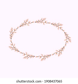Oval wreath of willow. Willow wreath.Easter wreath made of willow stalks.Vector flat illustration isolated on a white background. Design for invitations, postcards, printing