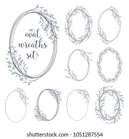 Oval wreaths illustration, hand drawn vector frames, botanical design elements for wedding invitation, greeting card, logo, label.