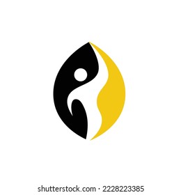 Oval yellow and black colored logo with a human figure in negative space. Logo for sports, healthy lifestyle, health care, psychological service, wellness tourism, and company.