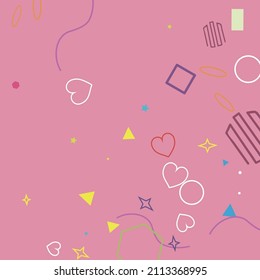 Oval Zigzag Circle Colorful Wave Hearts Sweet Geometrical Design. Red Polygonal Yellow Bright Violet Simple Ring Illustration. Blue Pastel Stars Pink Rectangle Square Green Hipster Background.