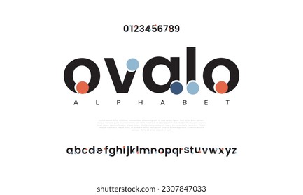 Alfabeto de letras del logo de tecnología digital abstracta de Ovalo. Fuentes urbanas modernas mínimas para logotipo, marca, etc. Tipografía tipo de letra mayúsculas minúsculas y número. ilustración vectorial