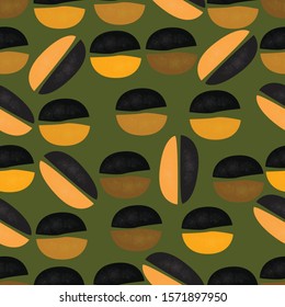 Ovals and round shapes on green. Terracotta Abstract Seamless Pattern. Modern Digital Design. Modern Fashion Scandinavian Style. Contemporary Colors and Design. Vector Illustration