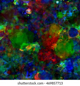 Ovals and spots. Dark seamless pattern. Abstract vector background. Green, blue, red, black, yellow. Watercolor effect
