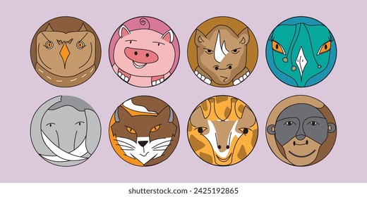 Oval-shaped, cartoon owl, monkey rhino, peacock, elephant, fox, giraffe, pig illustration, ideal for children's books, branding, and marketing projects