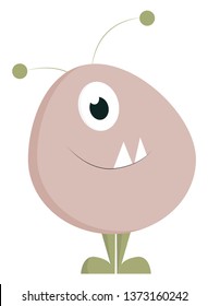 An oval-shaped cute-little pink monster with two horns one bulging eye and with two projecting fang teeth looks terrifying vector color drawing or illustration 