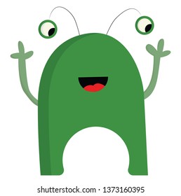 An oval-shaped dark green happy monster with eyes popping out vector color drawing or illustration 