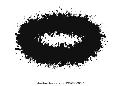 Oval-shaped hollow ink splatter icon. An ellipse shape with varying degrees of liquid paint splashes. Isolated on a white background.
