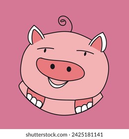 Oval-shaped, pink cartoon happy pig illustration, ideal for children's books, branding, and marketing projects