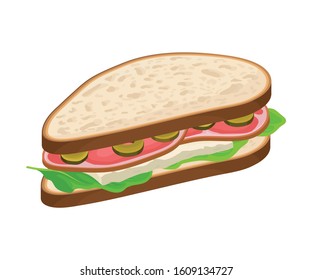 Oval-shaped Sandwich with Meat and Soft Cheese Vector Food Item. Fast Food Concept