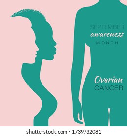 Ovarian Cancer awareness banner. Pink and teal background and isolated silhouettes of white and black women. World Ovarian Cancer awareness month in september. Vector illustration.