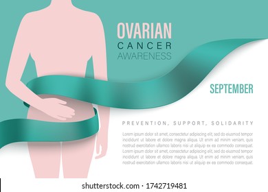 Ovarian Cancer awareness banner. Teal background and silhouette of woman. World Ovarian Cancer awareness month in september. Vector illustration.