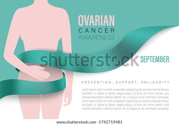 Ovarian Cancer awareness banner. Teal
background and silhouette of woman. World Ovarian Cancer awareness
month in september. Vector
illustration.