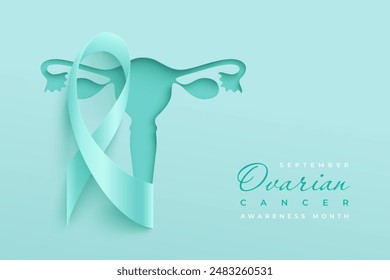 Ovarian cancer awareness concept with paper cut silhouette of female reproductive system. Vector horizontal poster with ribbon on a teal background