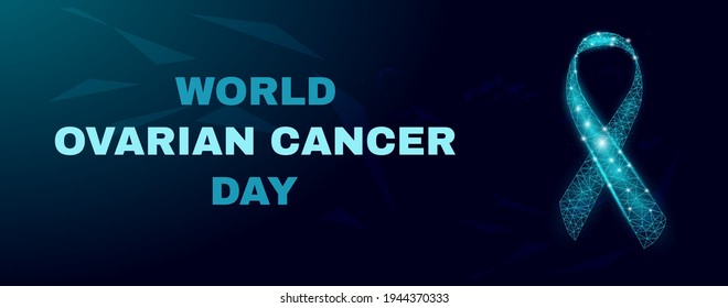 Ovarian cancer awareness day concept. Banner template with glowing low poly. Abstract dark background. Vector illustration.