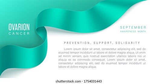 Ovarian Cancer awareness horizontal banner with realistic teal ribbon with shadow on a light background.  Design Template for Websites Magazines. September world symbol of Ovarian Cancer awareness.