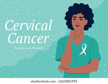 Ovarian Cancer Awareness Month in England. Ovarian Cancer Awareness Ribbon. African American woman and symbol of health. Vector template for banner, greeting card, poster with background.